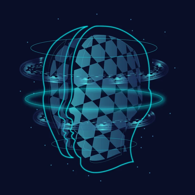 An abstract digital illustration of a human head, representing layers of self-awareness and inner perception.