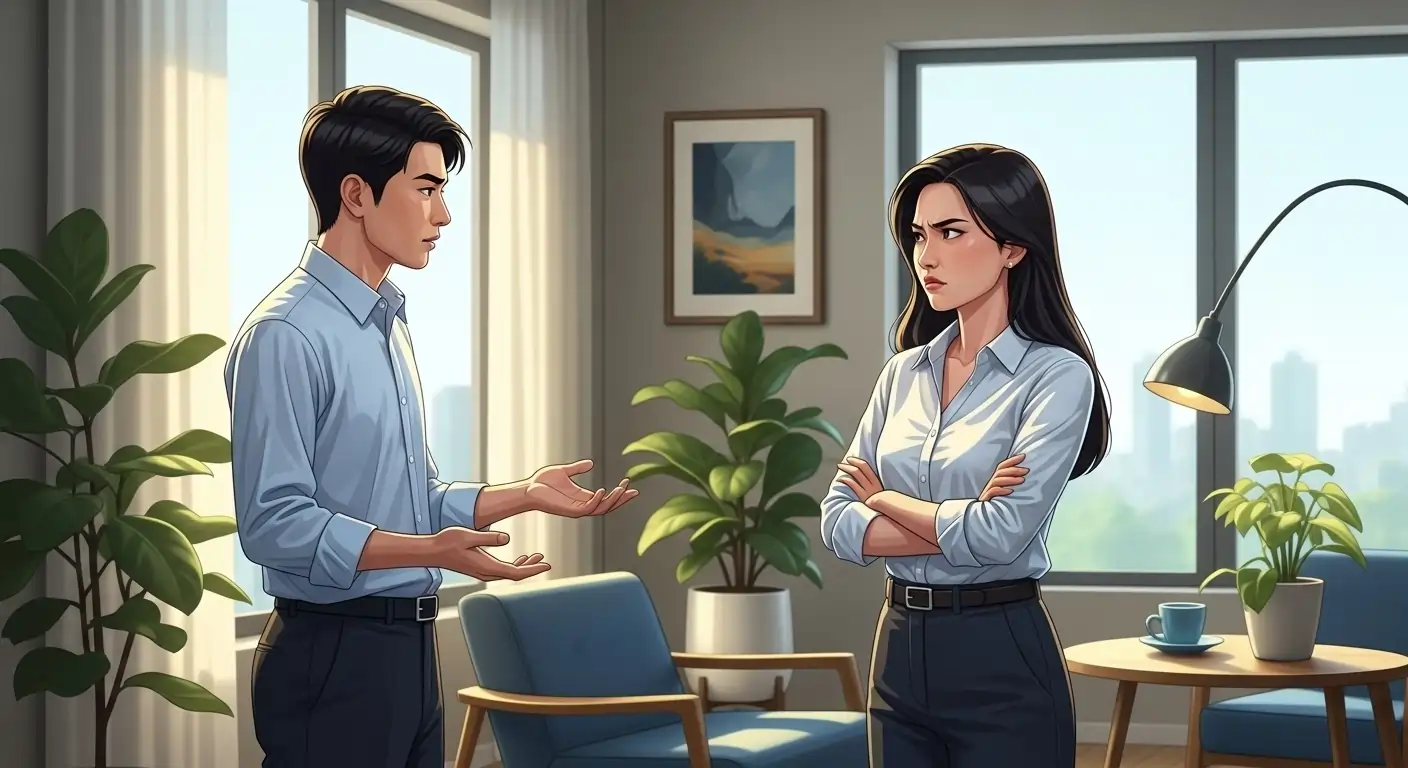 一对男女在沟通，男方冷静解释，女方抱臂显得不耐烦，呈现“没吵架却像在吵架”的情境。