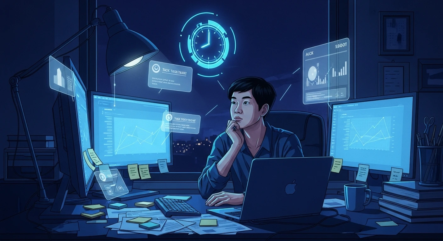 一位亚洲职场人，背景为充满待办事项的工作桌面，呈现时间压力与管理挑战。