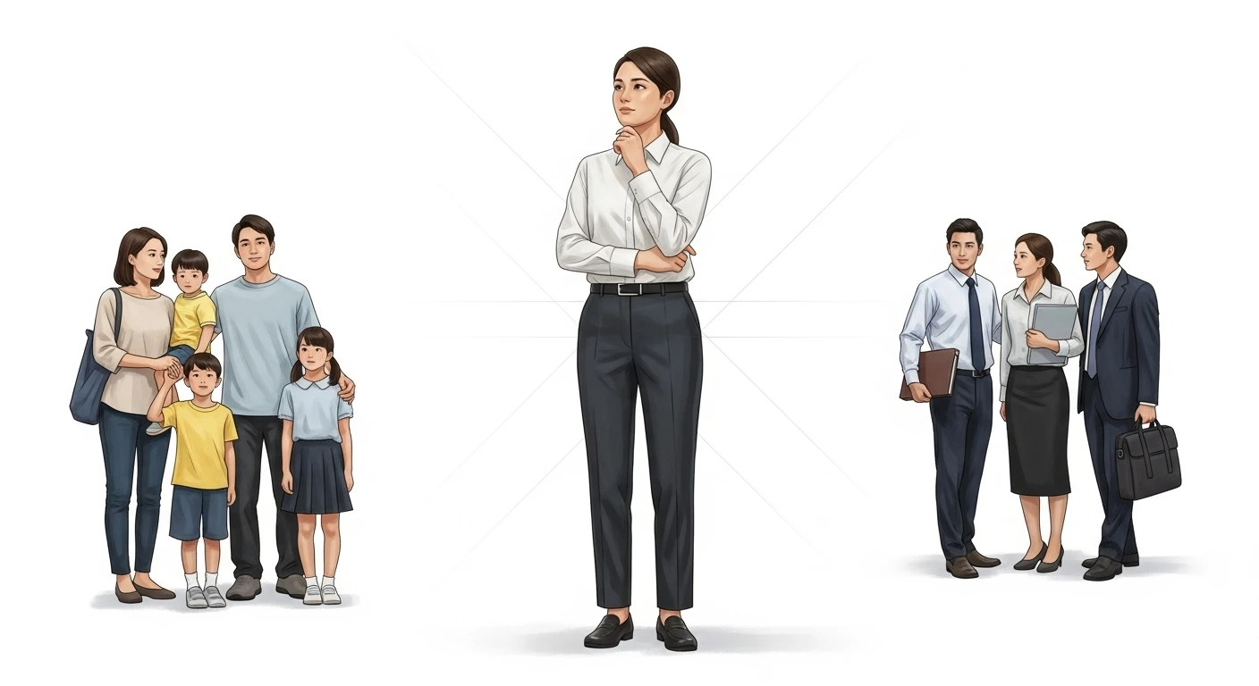 中间人物象征沟通边界感，左侧是家庭，右侧是职场同事，代表在关系中保持清晰的界线。