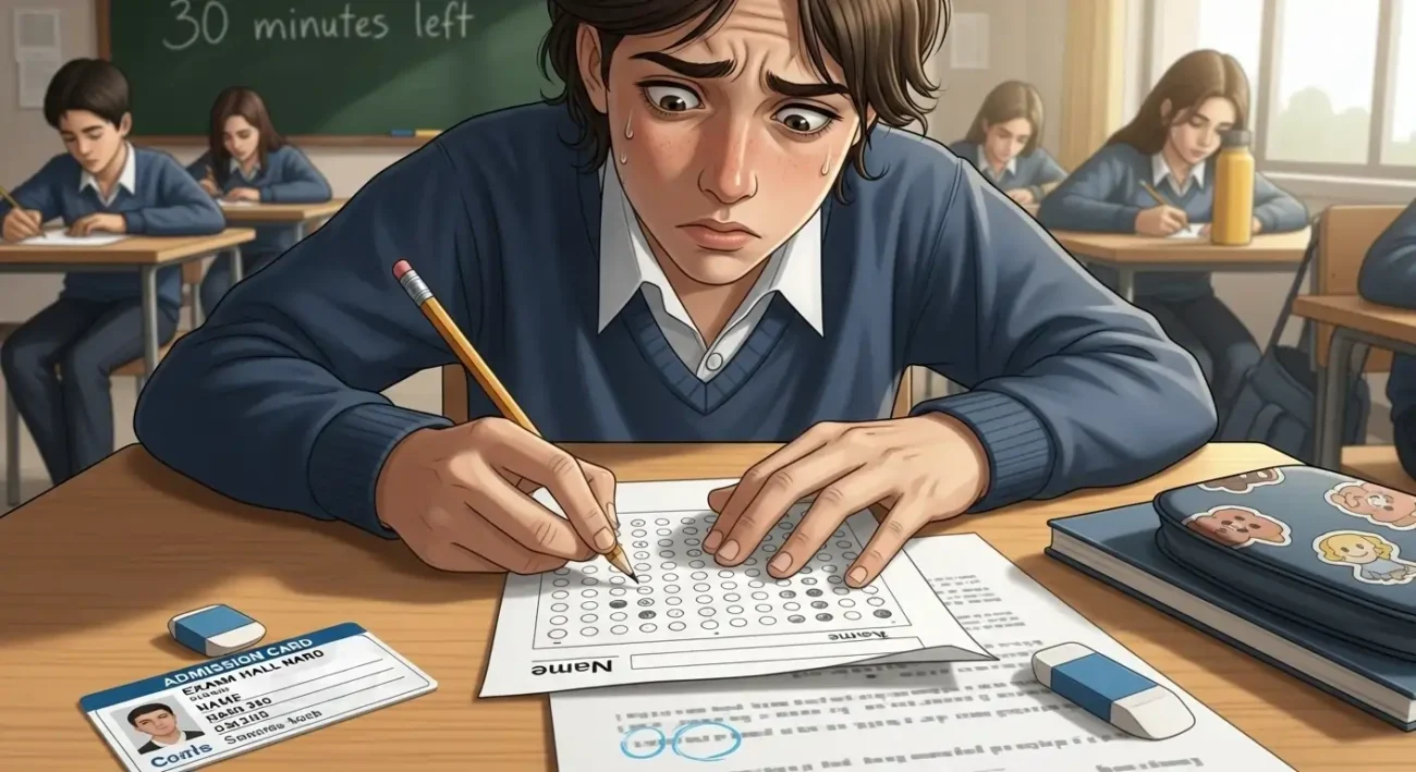 黑板上的字预示着时间紧迫，主人公开始紧张导师慌乱填涂答题卡作答