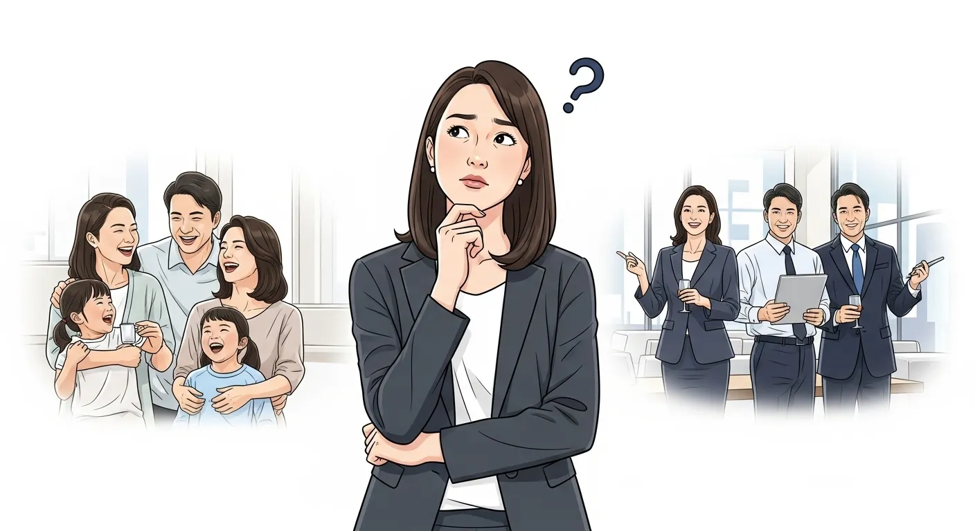 一名亚洲女性站在画面中间，两边是别人的人生，构图代表着人物想不明白为什么别人生活都比自己的好。