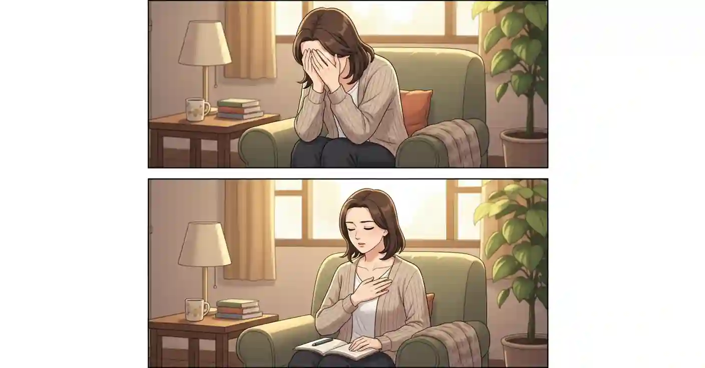 A two - panel illustration showing a woman’s emotional recovery process. In the top panel, she sits on an armchair with her face covered by her hands, appearing overwhelmed. In the bottom panel, she sits calmly with one hand on her chest and a notebook in her lap, illustrating the theme of regaining emotional stability through resilience.