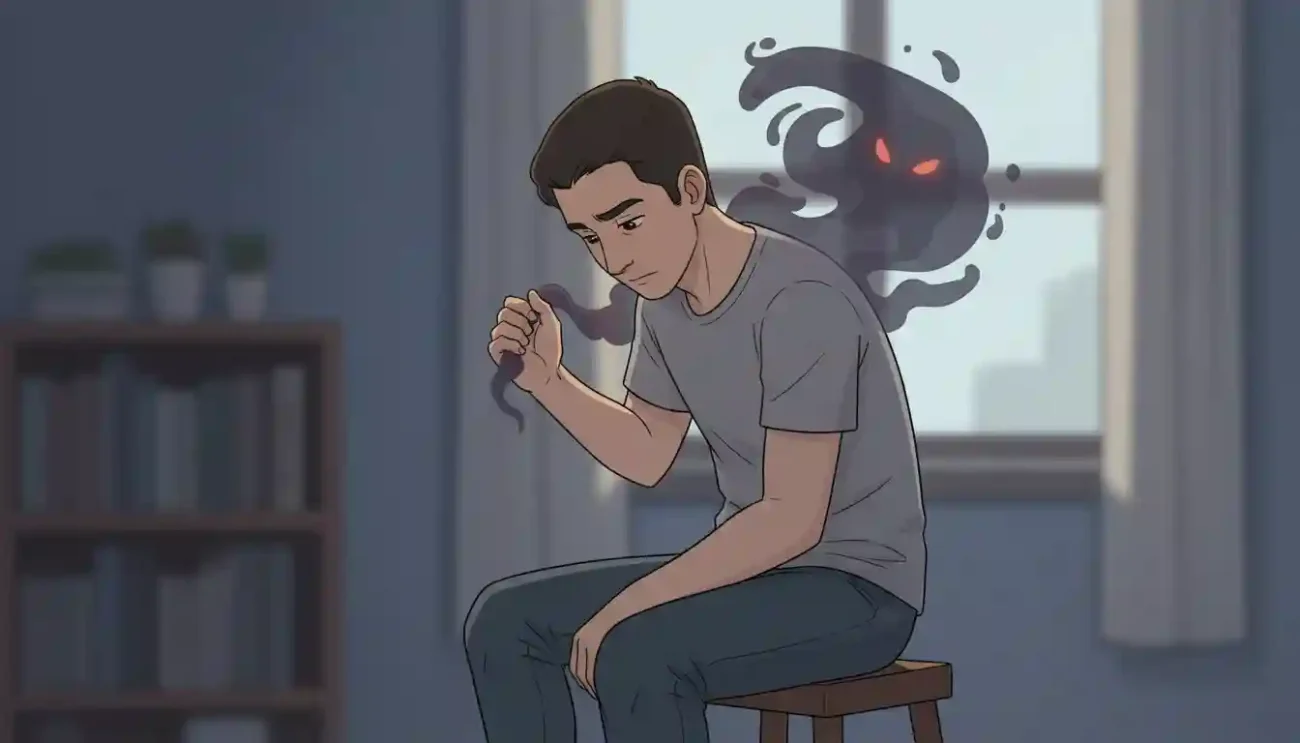 A man sits on a stool with a somber expression, reaching back to grab a dark, swirling, shadow-like figure with red eyes that is trying to pull on his back. This symbolizes the act of catching and confronting a negative or draining thought.