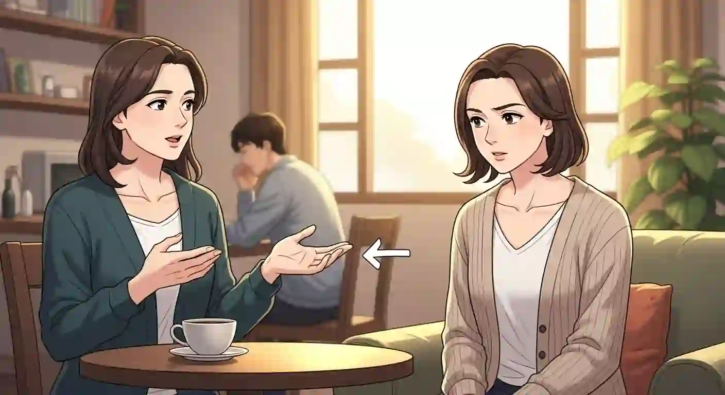 Two women communicating in a cozy café setting; one woman gestures with an open palm, appearing to explain something with understanding, while the other listens, illustrating the idea of making sense heard through empathetic communication.