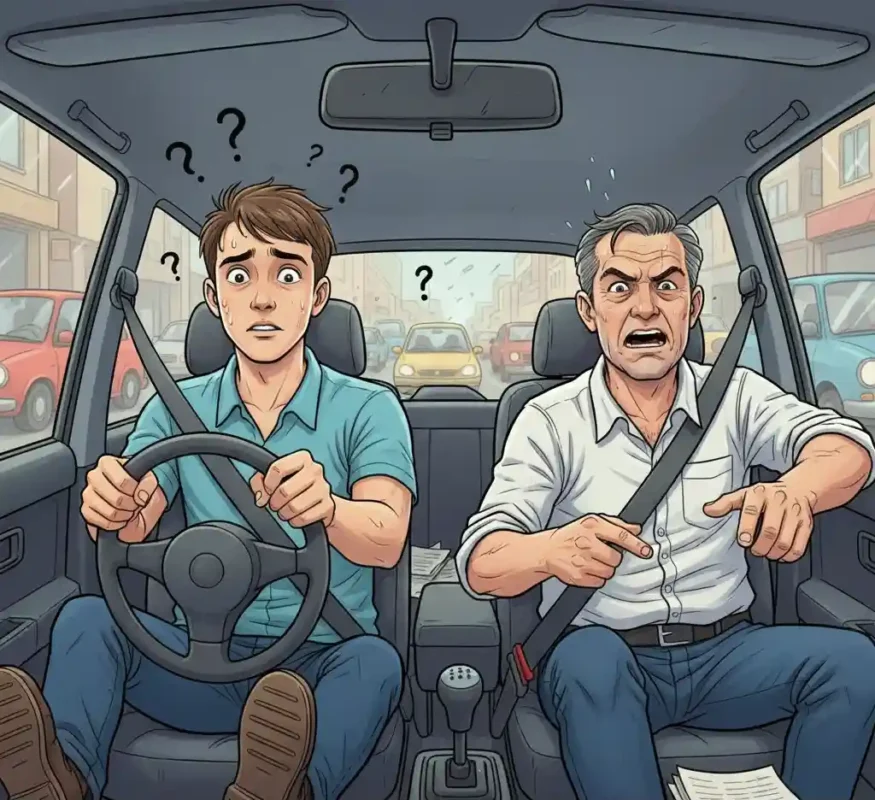 An illustration of a tense driving lesson: a nervous young student with question marks above his head grips the wheel, while a frustrated instructor shouts and gestures beside him in a car with city traffic visible.
