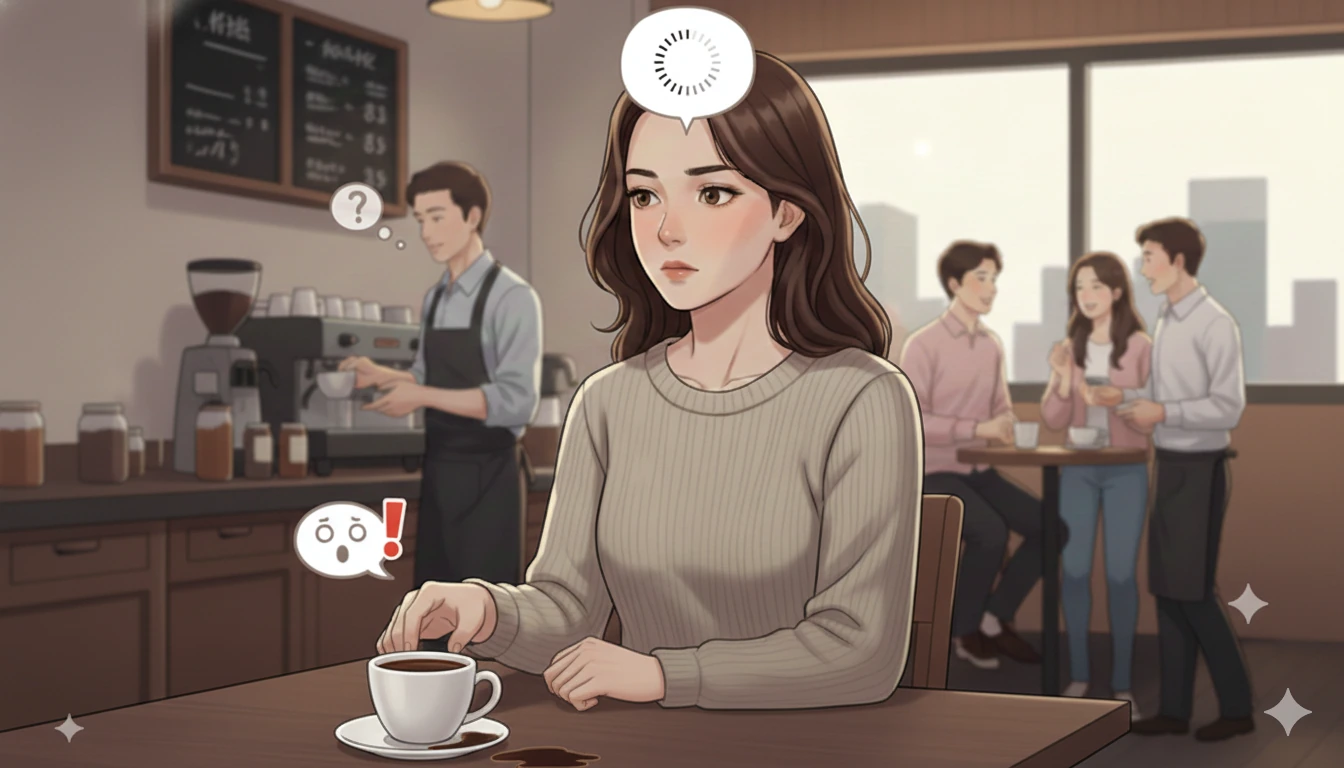 咖啡撒了出来，店员已经反应过了，女主人却还在状况外，大脑反应速度比较慢。